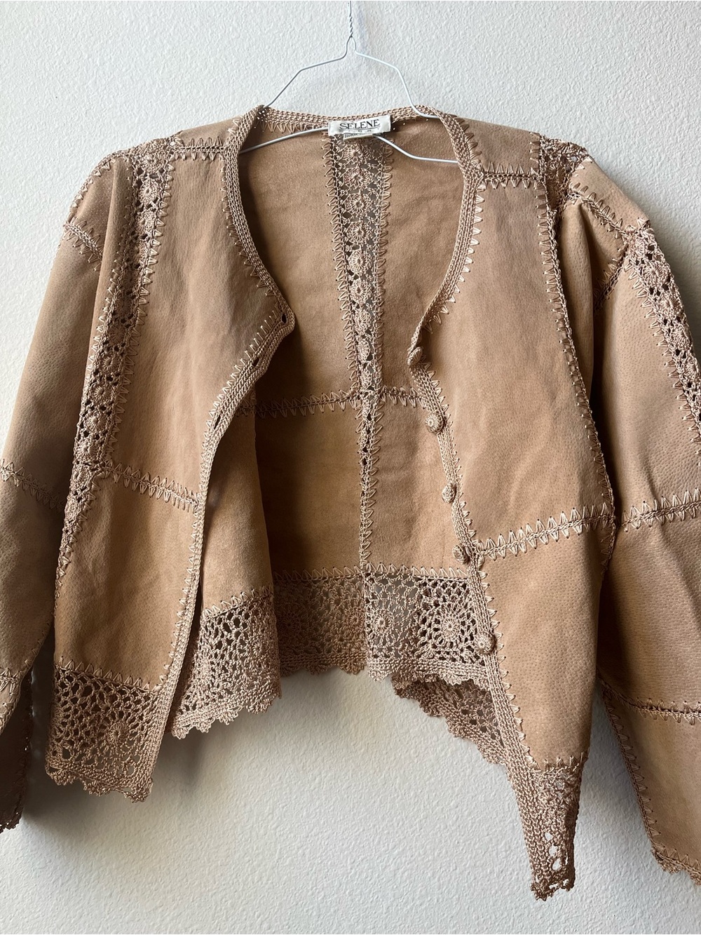 Selene Sport Crochet-Trim Suede Jacket in Camel Brown